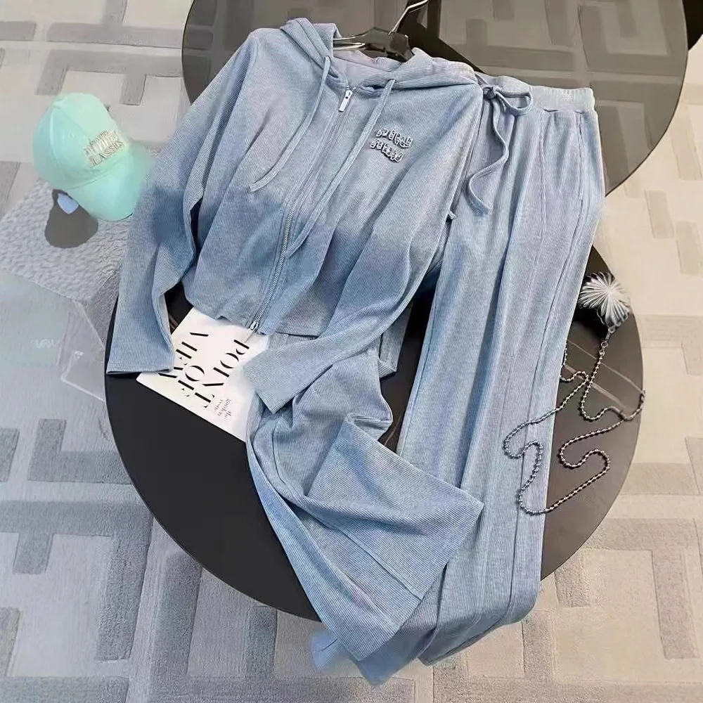 Leisure Sports Suit for Women in Spring and Autumn Age Reducing and Slimming Blue Hooded Top Wide Leg Pants Two-piece Set