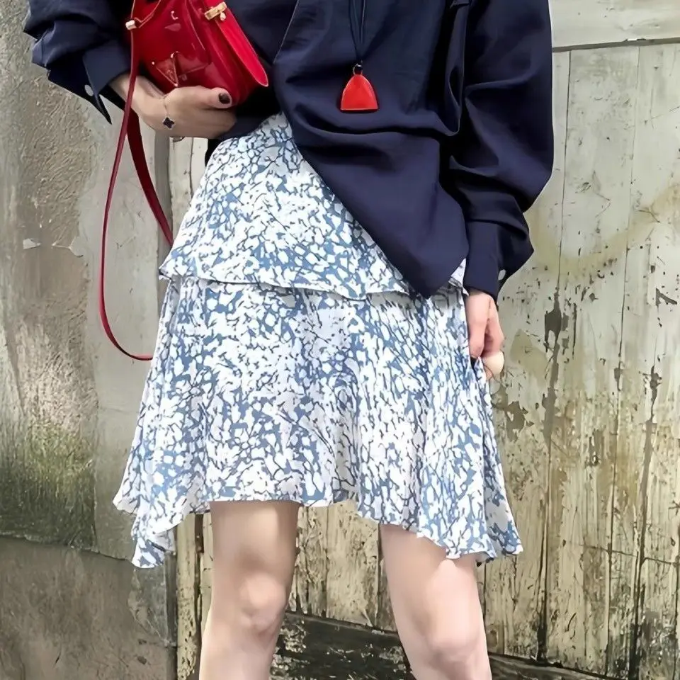 

French Contrasting Floral Midi Skirt Women Irregular Printed A-line Loose Slimming High Waist Temperament Short Skirts