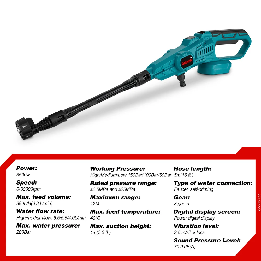 ONEVAN 200Bar Brushless Electric Car Wash Water Gun 3500W High Pressure Cordless Garden Water Clear Gun for Makita 18V Battery