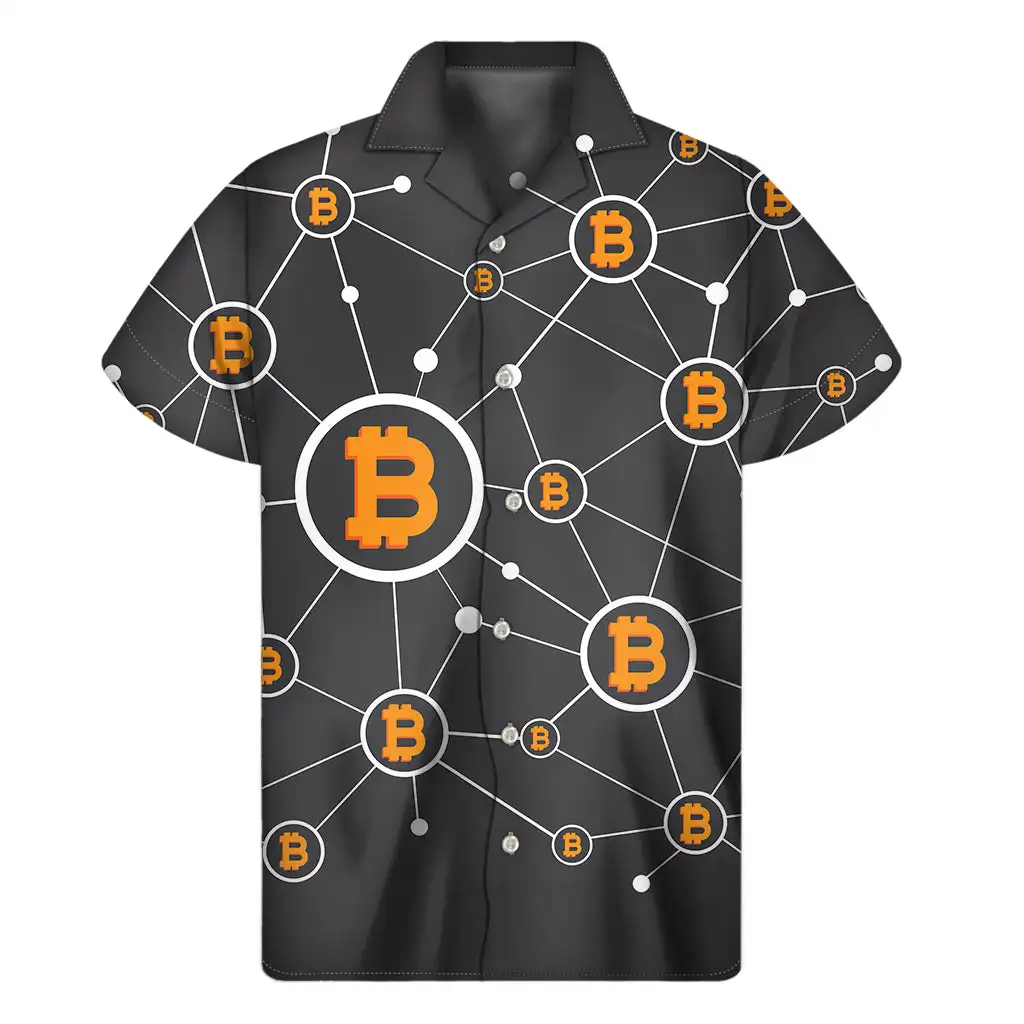 Bitcoin Link Printed Men's Short Sleeve Shirt Hawaiian Men's Casual Lapel Top Large Size Fashionable Men's Shirt 2024 New Style