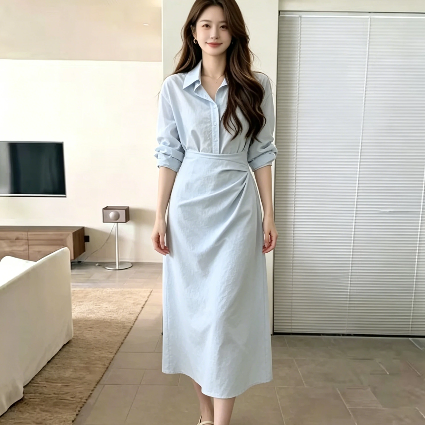 Afslankende blauwe shirtjurk v - Korean Style A Line Shirt Dress recensie en prijs