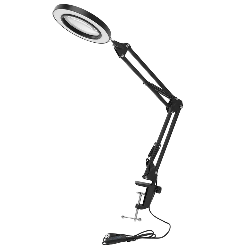 LED Magnifying Lamp With Clamp, 10 Levels Dimmable, 3 Color Modes, 5-Diopter Real Glass Lens, Adjustable Swivel Arm Lighted Magn