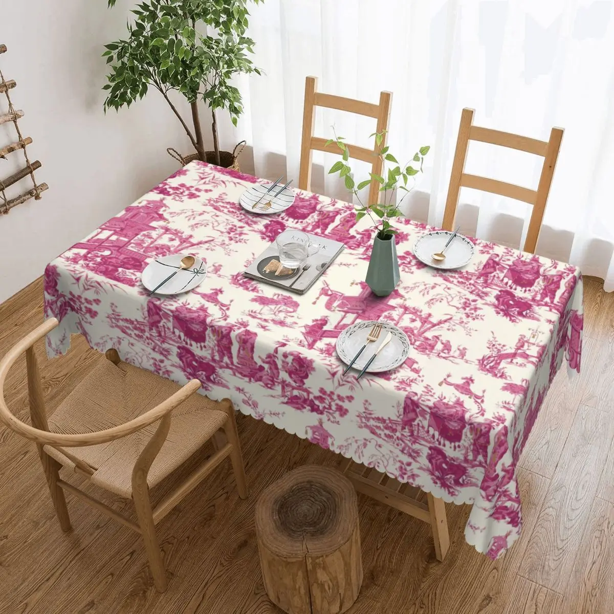 Round Toile De Jouy Pink Chinoiserie Tea House Pagoda Table Cloth Oilproof Tablecloth 60 inches Table Cover for Kitchen Dinning