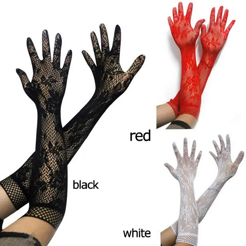 Ladies Sexy Transparent Mesh Floral Elastic Bride Long-sleeve Lace Gloves Gothic Punk Mittens Cosplay Fancy Dress Gloves