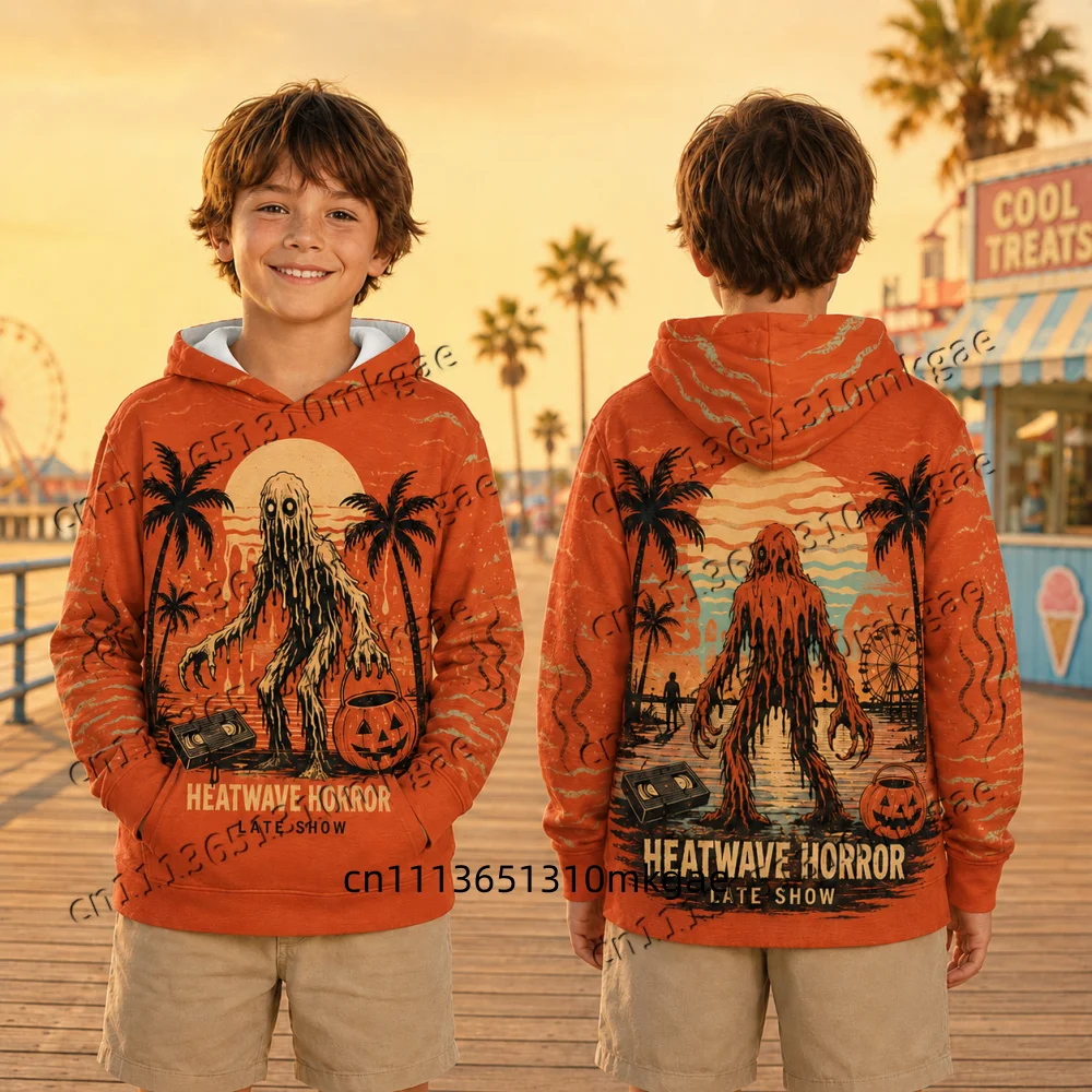 Vintage Sunset Halloween Kids Hoodie Double‑Sided Sweatshirt Monster Mummy Pumpkin Pattern Hooded Pullover Casual Autumn Tops