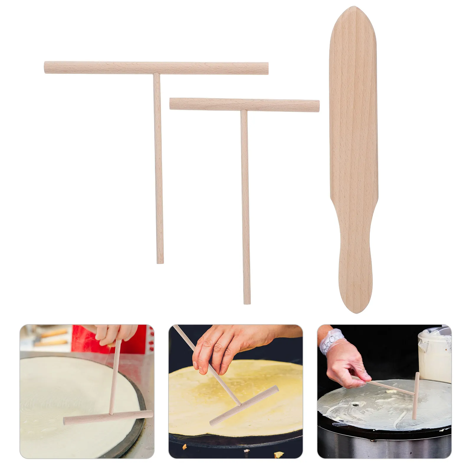 Juego de 3 espátulas de madera para crepas, espátula en forma de T para voltear panqueques, kit para cocina casera, utensilio antiadherente para extender y voltear masa