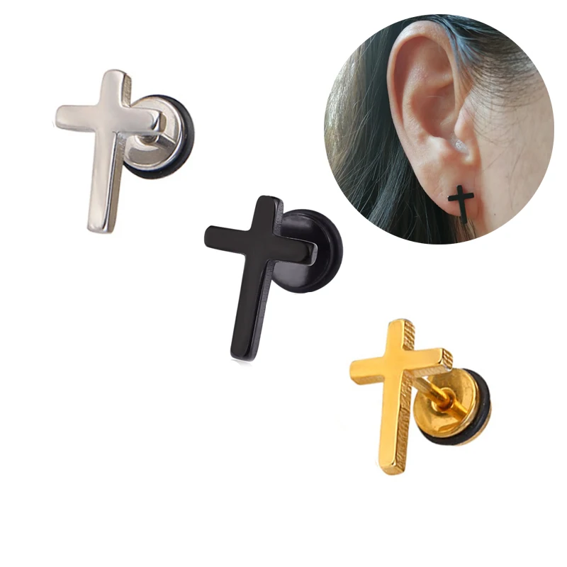 

Hip Hop Piercing Jewelry Gift Punk Cross Stud Earrings Stainless Steel Screw Back Earring