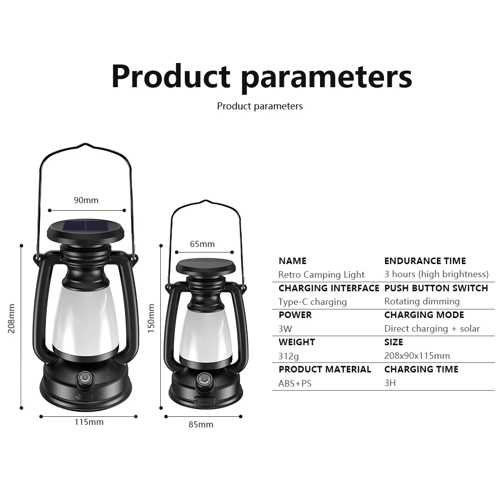 Lanternes de camping portables rechargeables par USB, lumière de tente de face, gradation continue avec charge solaire, 3000-5000K