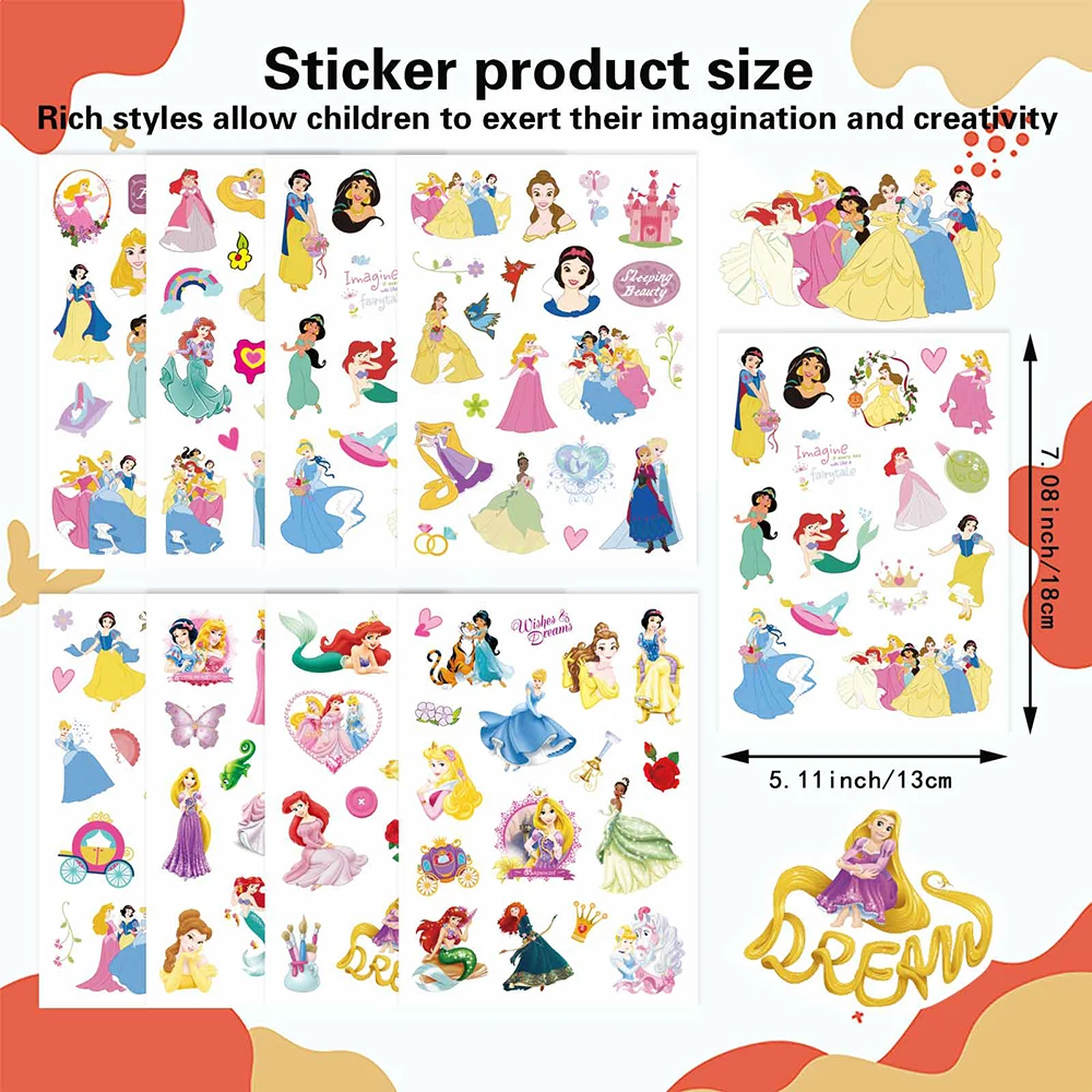 8/16Sheets Disney Cartoon Princess Stickers DIY Decoration Cute Belle Snow White Decals For Notebook Bike Fridge Kids Toys Gifts