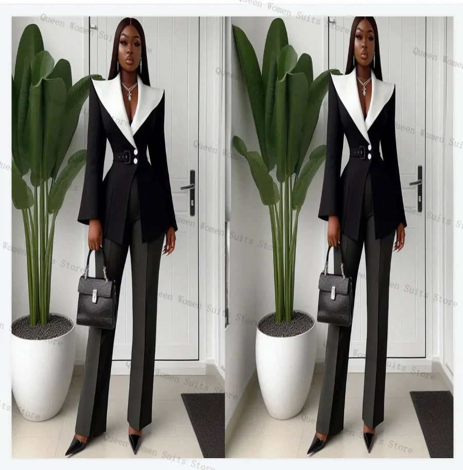 

Black White Grey Women Suit Set 2 Piece Blazer Pants Trouser Graduation Formal Office Lady Jacket Wedding Bride Coat Customized