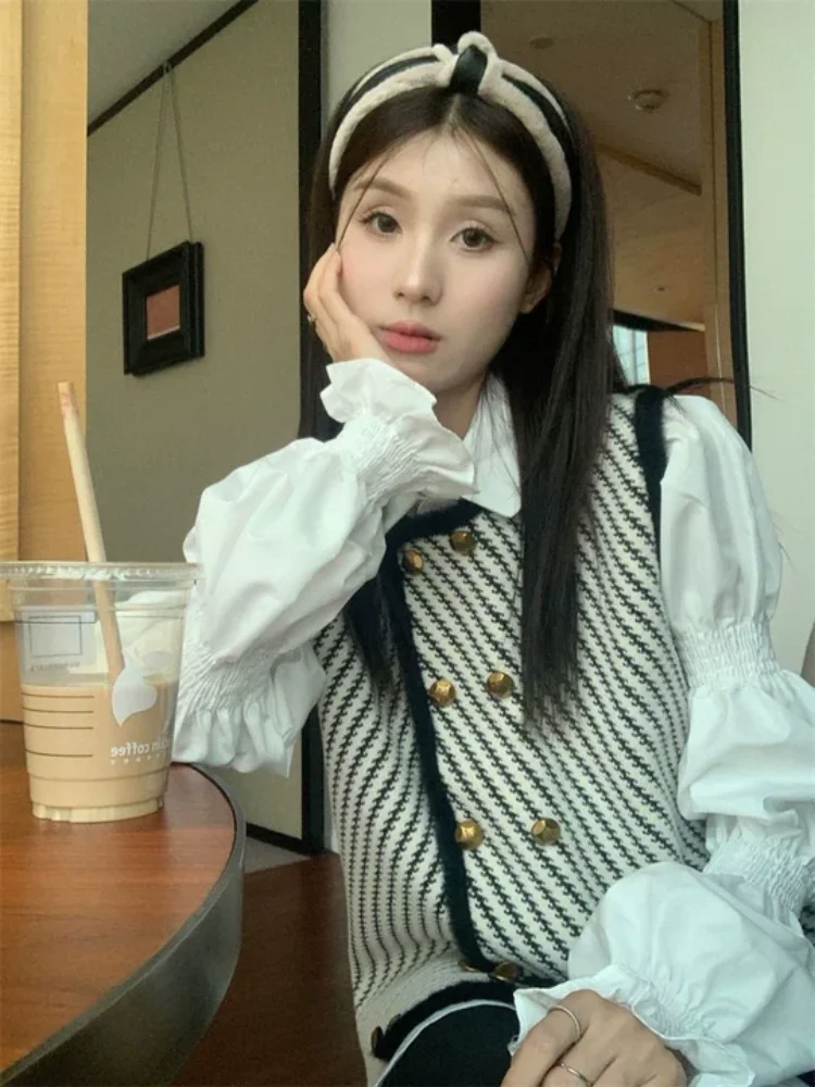 Japonais Harajuku style rayé double boutonnage femmes gilet automne et hiver rétro épicé fille lâche occasionnels de la navette top