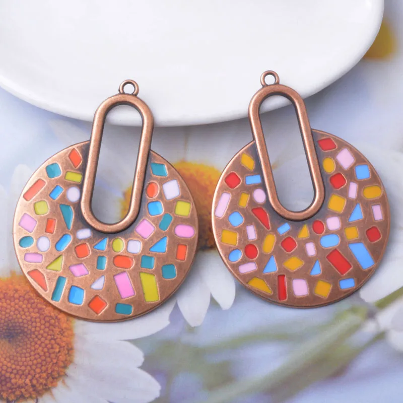 10 Stück/Set 44*59mm Boho Legierung Bunte Runde Große Anhänger Damen Schmuckzubehör Emaillierter Anhänger – Detail 3