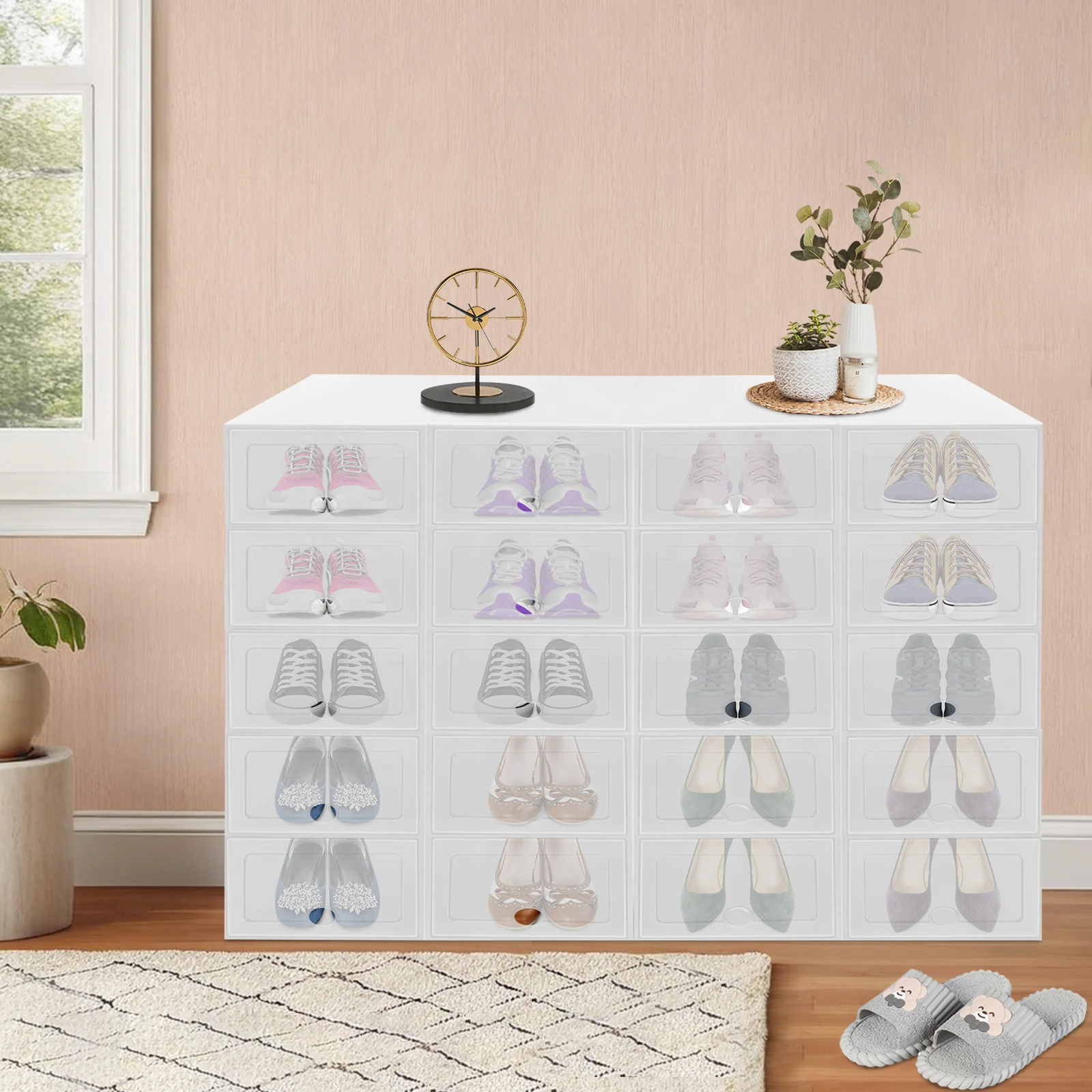 

Набор из 20 больших белых коробок для обуви, пластик из полипропилена и АБС-пластика с прозрачной передней частью, штабелируемый с вентиляцией для обуви/одежды