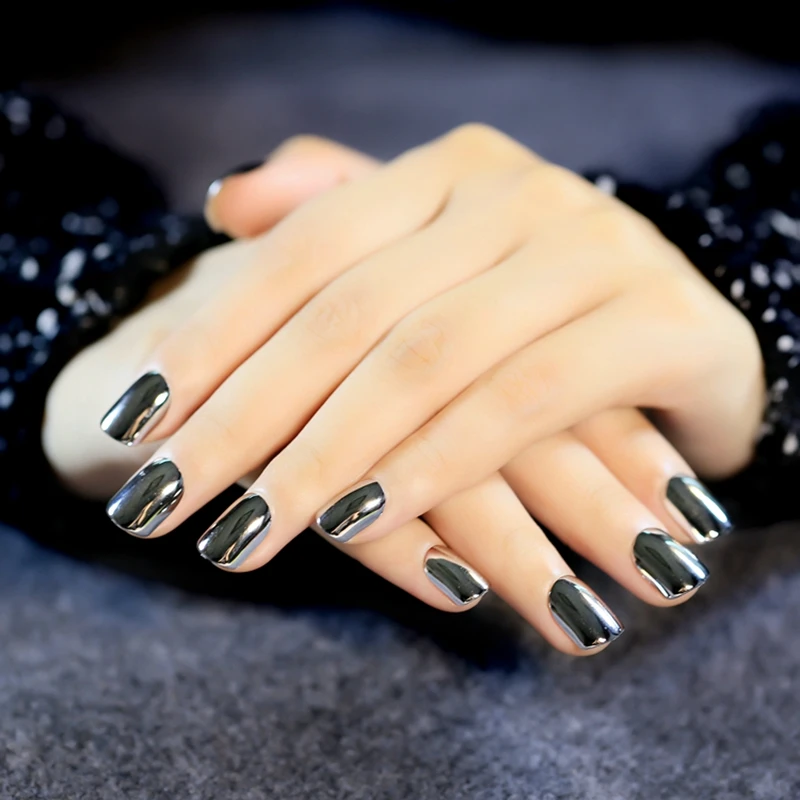 Fashion Pre-designed Nails False Nails Art Tips Shiny Highly Reflective Full Cover Plastic Dark Gray Lady Fake Nails Decor Z197