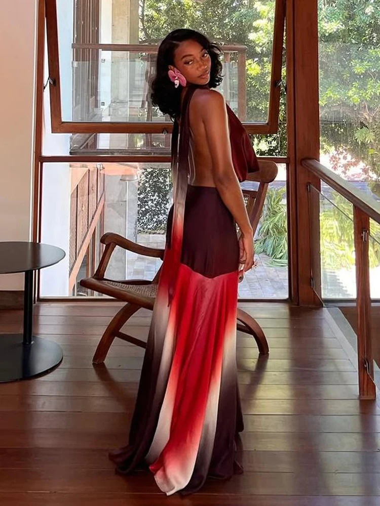 パネル付きシルクのような光沢のあるレディースワンピース、夏のトレンド、パーティースタイル、ホルターネック、バックレス、スイングネック、マキシ丈、ボディコン、女性用サマードレス