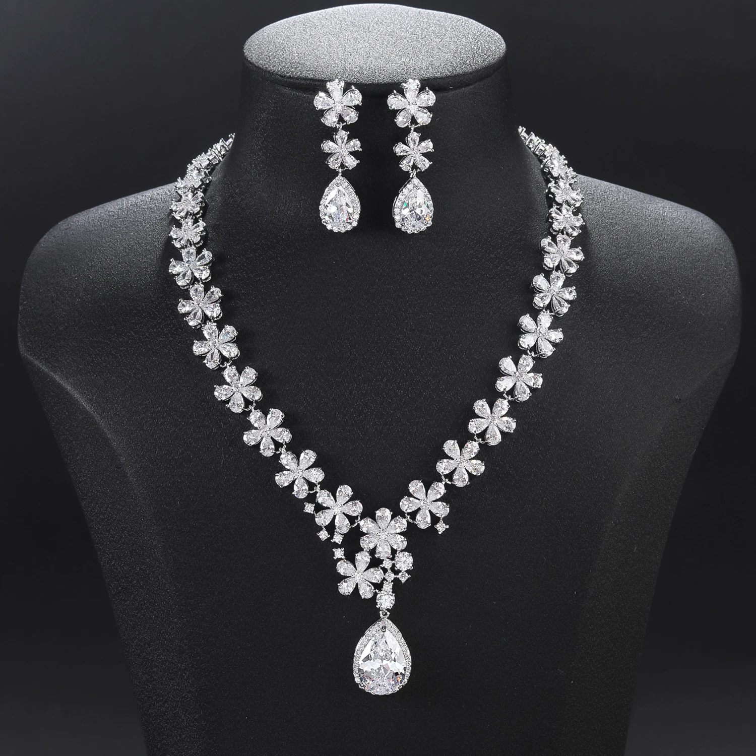 Fashion Clear Cubic Zirconia Bridal Wedding Flower Necklace Earring Set Jewelry Accessories CN100170A