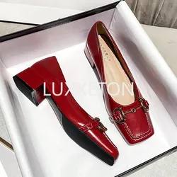 Women's High Heels 2024 Spring and Autumn New French Fashion Square Head Metal Buckle Shallow Mouth Large Mary Jane Single Shoes