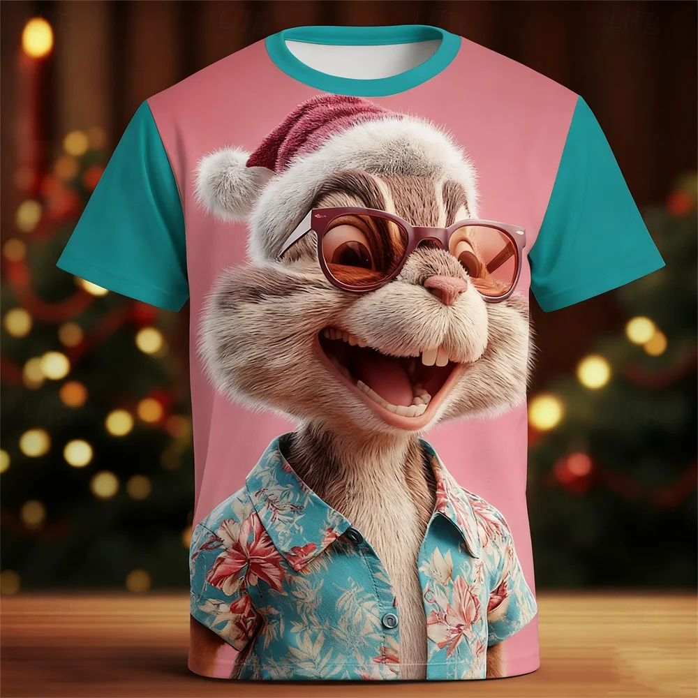 

3D Print Squirrel Graphic Men's T-Shirt Christmas Animal Short Sleeve Round Neck Tops Fashion Casual Comfortable Clothes For Men