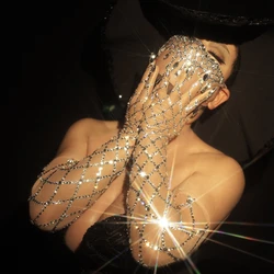 Luxurious Stretch Rhinestones Long Gloves Women Sparkly Crystal Mesh Gloves Dancer Singer Nightclub Stage Party Show Accessories