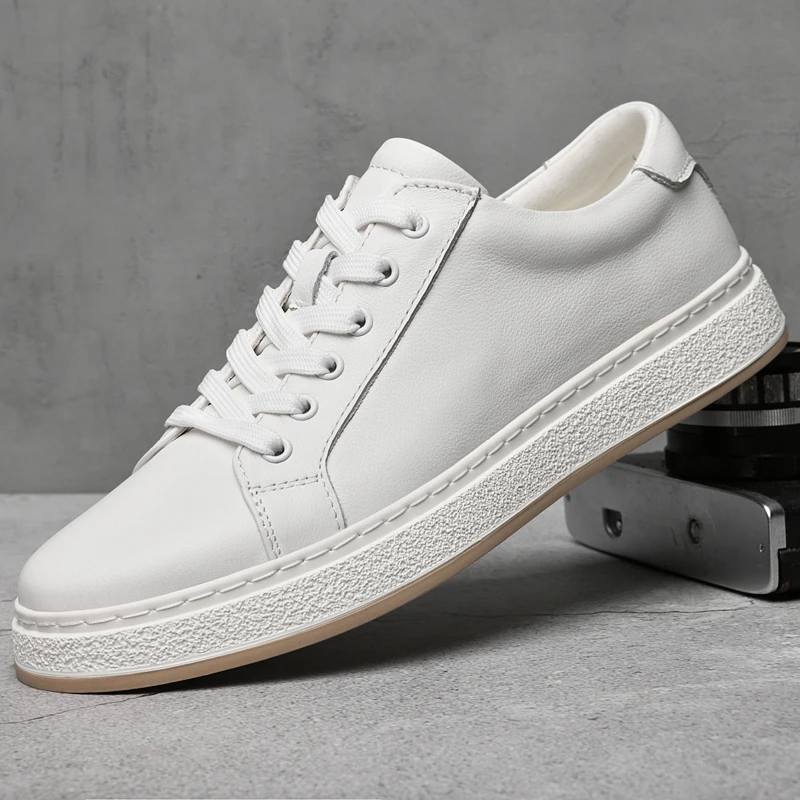 Chaussures de skate pour hommes en cuir véritable – Baskets de marche souples, décontractées et tendance_voghion.com