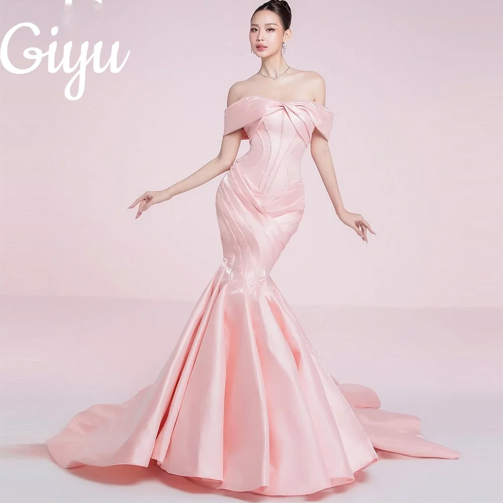 Giyu 2025 New Elegant Pink Satin Mermaid Prom Gown Pleat فساتين سهرة Off Shoulder Corest Formal Party Dress Customsied