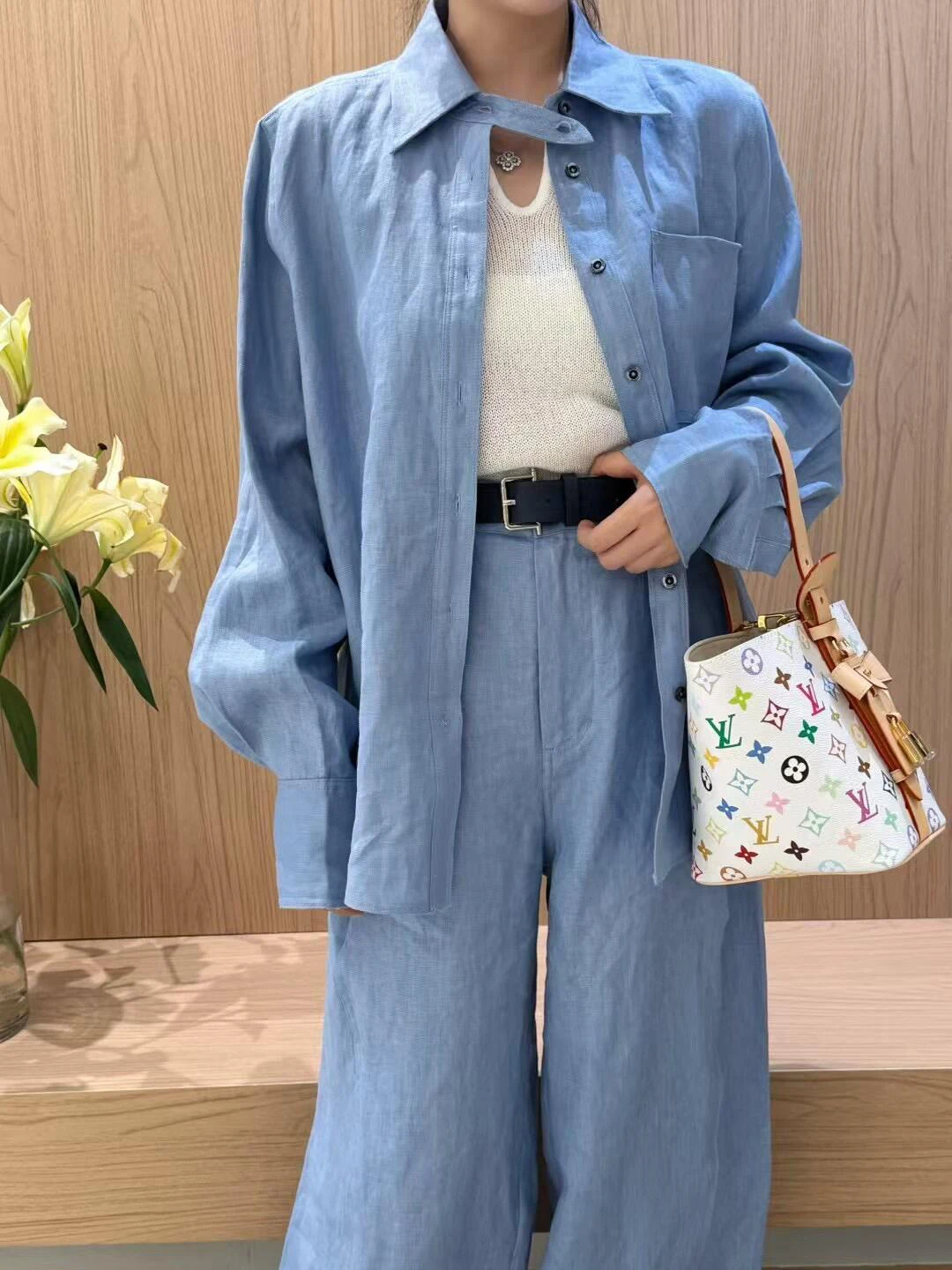 Blue Linen Cotton Shirt Set Women's Summer High Waist Wide Leg Pants Two Piece Suit Casual Commute Slimming Fashion Ensemble