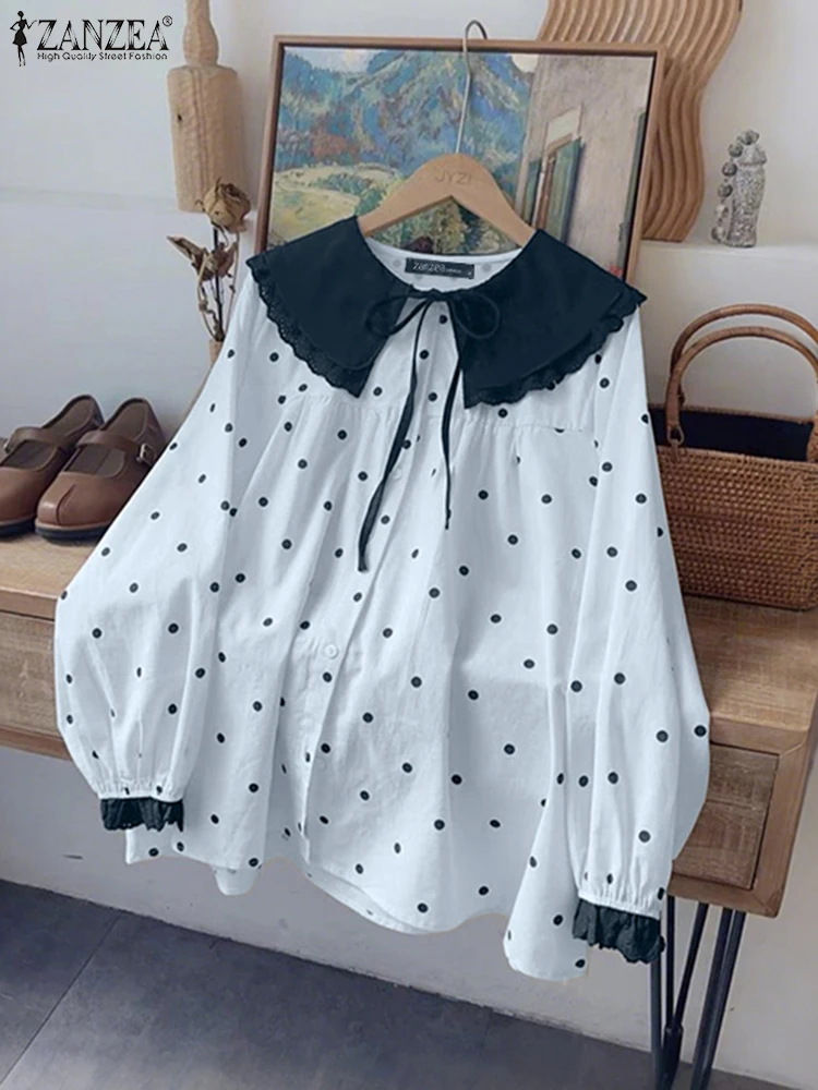 ZANZEA Moda Polka Dots Camicie Donna Colletto alla Peter Pan Bottoni Coreano Dolce Camicetta Elegante Office Lady Manica lunga Top Casual