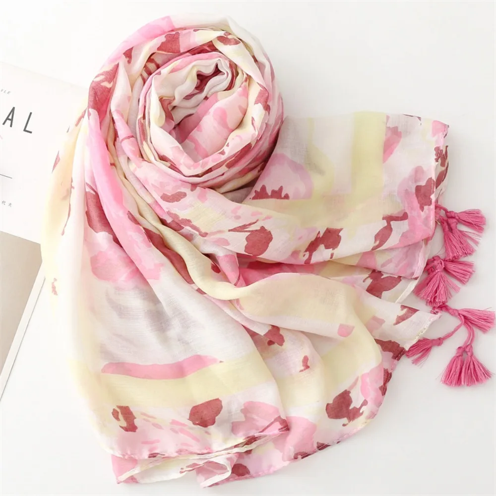 

Autumn Korean Tassel Viscose Shawl Scarf Wash Painting Style Printing Chiffon Shawl Wrap Elegant Luxury Soft Thin Scarf Lady