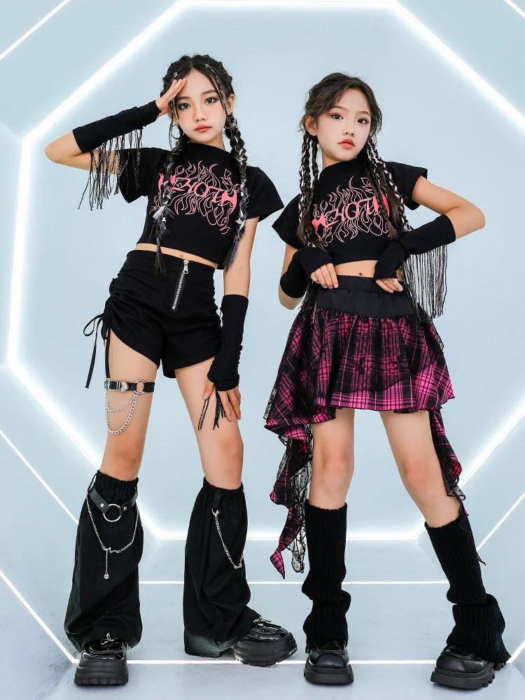 

Girls Kpop Jazz Dance Costume Black Tops Hip Hop Shorts Skirt Outfits Kids Performance Clothes Concert Stage Wear