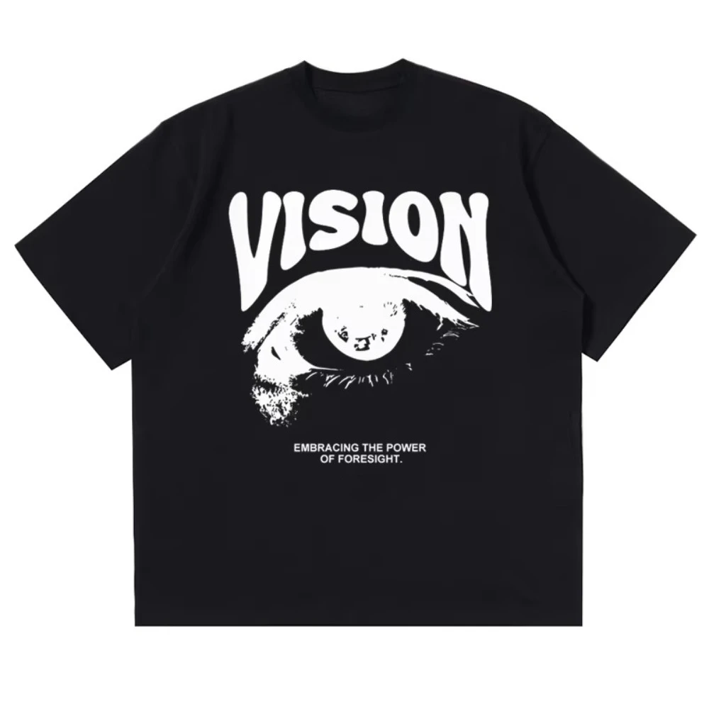 Short Sleeve T-Shirt Men Women Vision Big Eye Distressed Letter Graphic Vintage Y2K Grunge Streetwear Loose Casual Tee Top