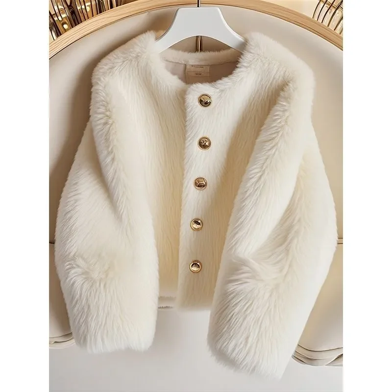 

Осень-зима, новая уникальная супер красивая меховая куртка, верхняя одежда, женские топы, модная свободная высококачественная плюшевая короткая куртка с круглым вырезом