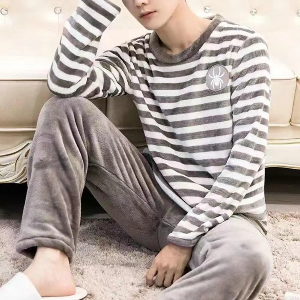 Men Pajama Set Cozy Striped Men's Pajama Set with Thick Coral Fleece Top Elastic Waist Pants Warm Winter Sleepwear for Men