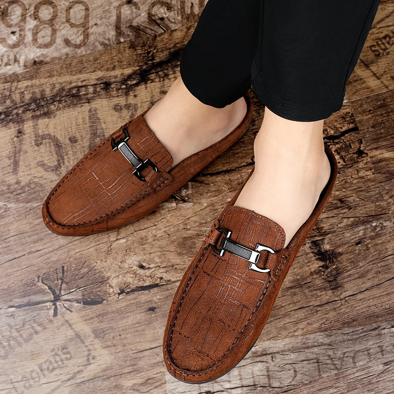 Summer Half Slippers Fashion Driving Shoes Men Shoes Genuine Leather Formal Loafers Slip on Shoes Metal Half Drag Cowhide Shoes