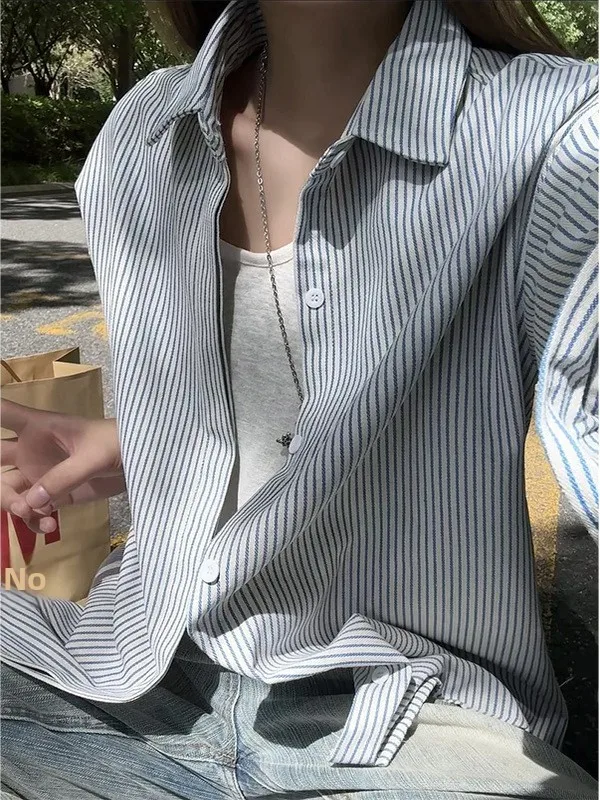 

Американская ретро-рубашка в полоску с длинным рукавом, мужская повседневная свободная верхняя одежда, модная сине-белая рубашка на весну и осень