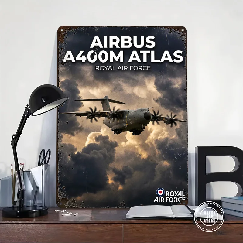 Airbus A400M Atlas Royal Air Force 3D Texture Printed Poster Custom Vintage Metal Tin Plate Sign for Wall Art Decoration Home