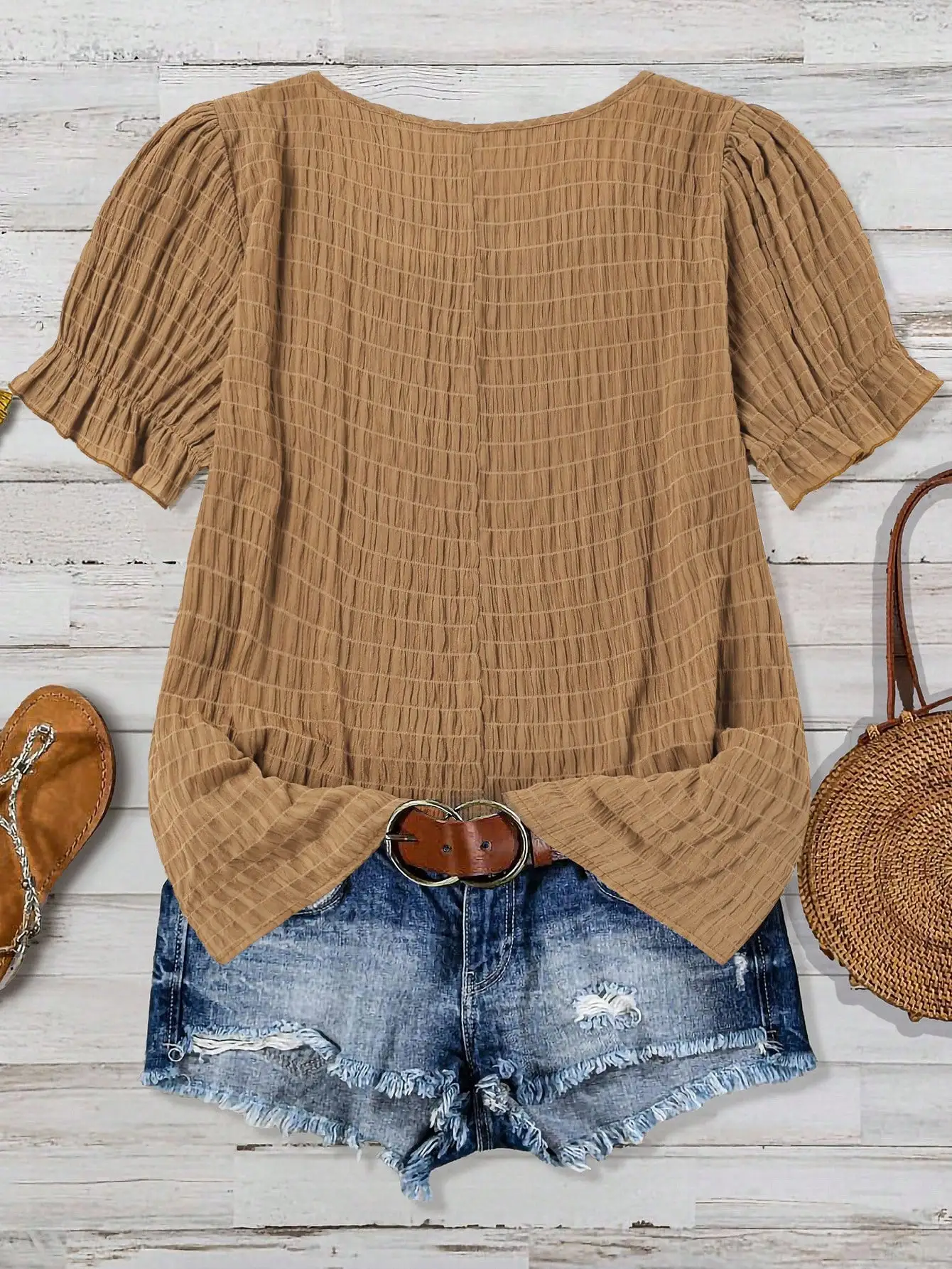 

Повседневная блузка с квадратным вырезом и короткими рукавами-фонариками для лета