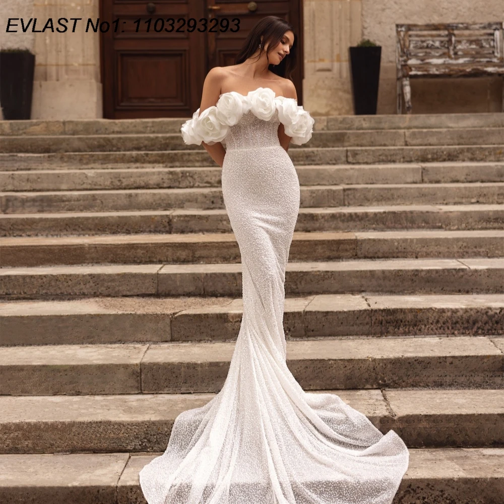 

EVLAST Customized Luxury 2026 Mermaid Wedding Dress 3D Floral Shoulder Beading Bridal Gown Vestidos De Novia Mariee TMD98