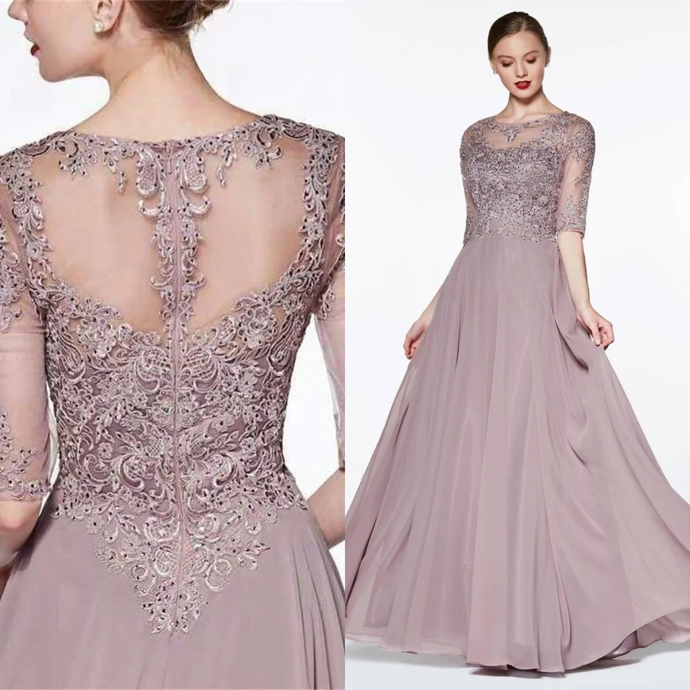 

Customized High Quality Chiffon Evening Dress Exquisite O-Neck Half Sleeves Celebrity Gowns Sweep Train Vestido De Festa