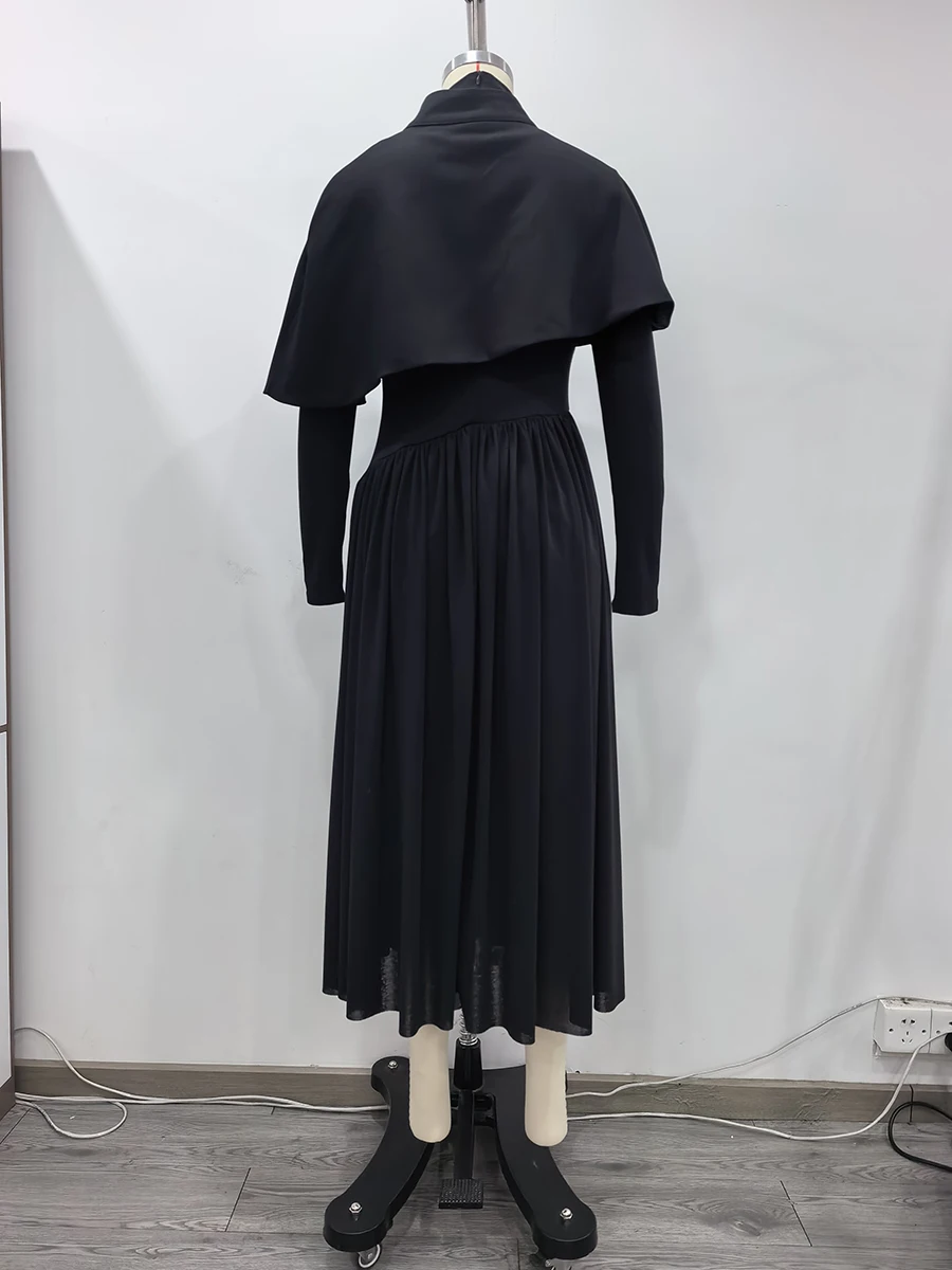 TWOTWINSTYLE الصلبة التخسيس قطعتين مجموعات للنساء س الرقبة تقسم أزرار معدنية شال الوقوف الرقبة طويلة الأكمام فستان مجموعة الإناث #6