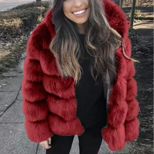 Fashion Imitation Fox Fur Grass Jacket Women's Hooded Loose Long Sleeves Patchwork Plush Thick Coat Winter