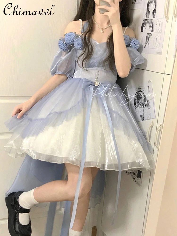 

Fashion Gradient Blue Lolita Dress Women's 2024 Summer New Sweet Girlish Three-Dimensional Rose Lolita Mesh Fairy Princess Dress