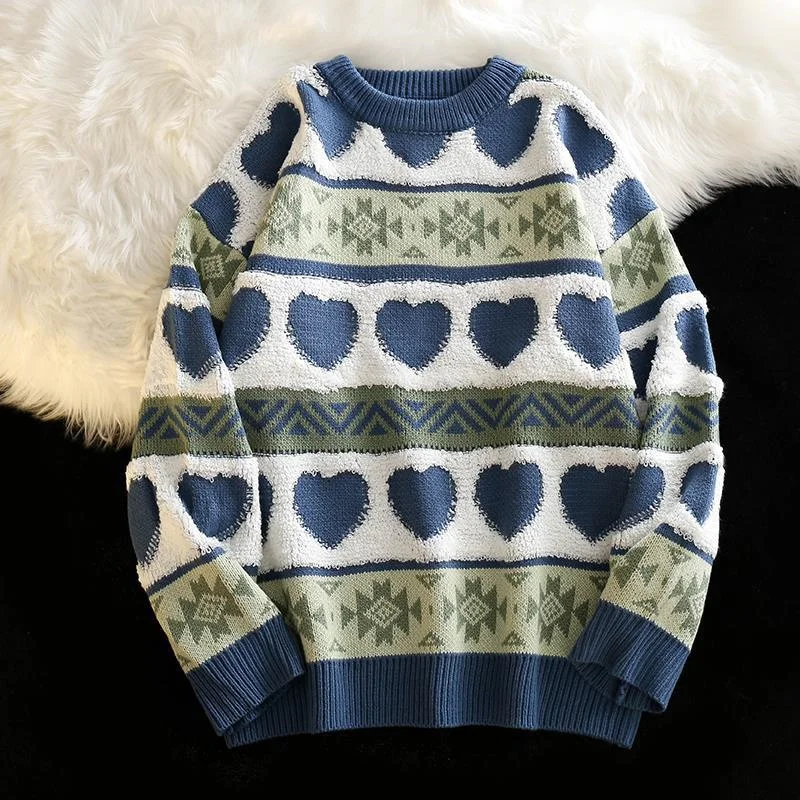 Christmas Sweater Women Knitted Sweater Harajuku Heart-shape Pattern Knitted Pullover Autumn Winter Vintage O-Neck Sweaters