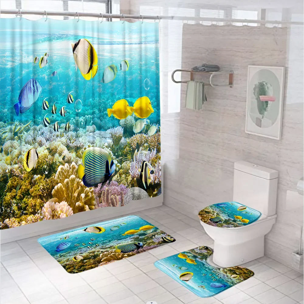 Fish Shower Curtain Sets Dolphins Turtles Lotus Brocade Carp Flower Leaf Fabric Bathroom Curtains With Bath Mat Rug Toilet Cover