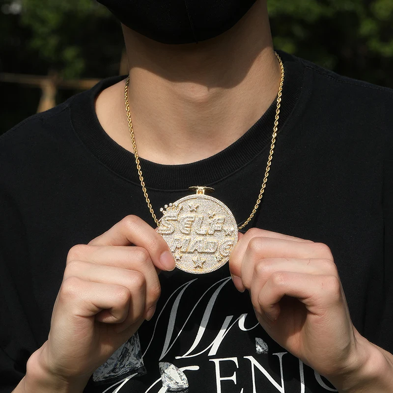 

Hip Hop 5A+ CZ Stone Paved Bling Ice Out Selfmang Big Round Pendants Necklaces for Men Rapper Jewelry Gold Silver Color