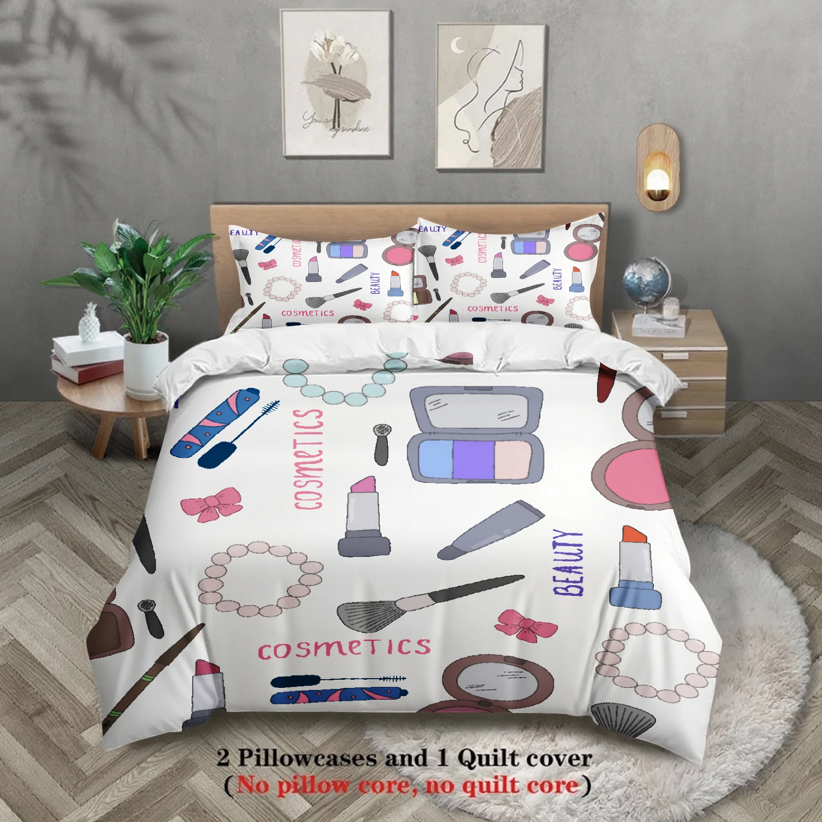 3pcs Cosmetics Beauty Pattern Bedding Sets 3D Printed Duvet Cover Sets With Pillowcases No Filling