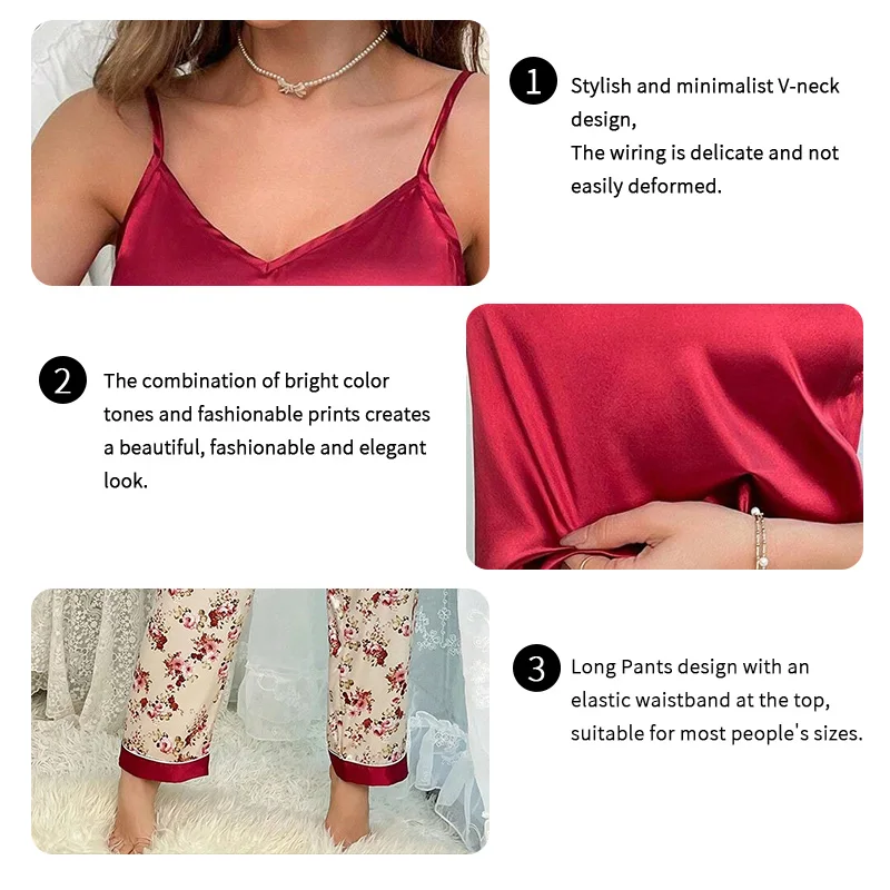 Women\'s Sleepwear Luxurious Floral Print Satin Pajama Set Sexy V-Neck Backless Cami Top & Elastic Waist Long Pants Pyjama Femme