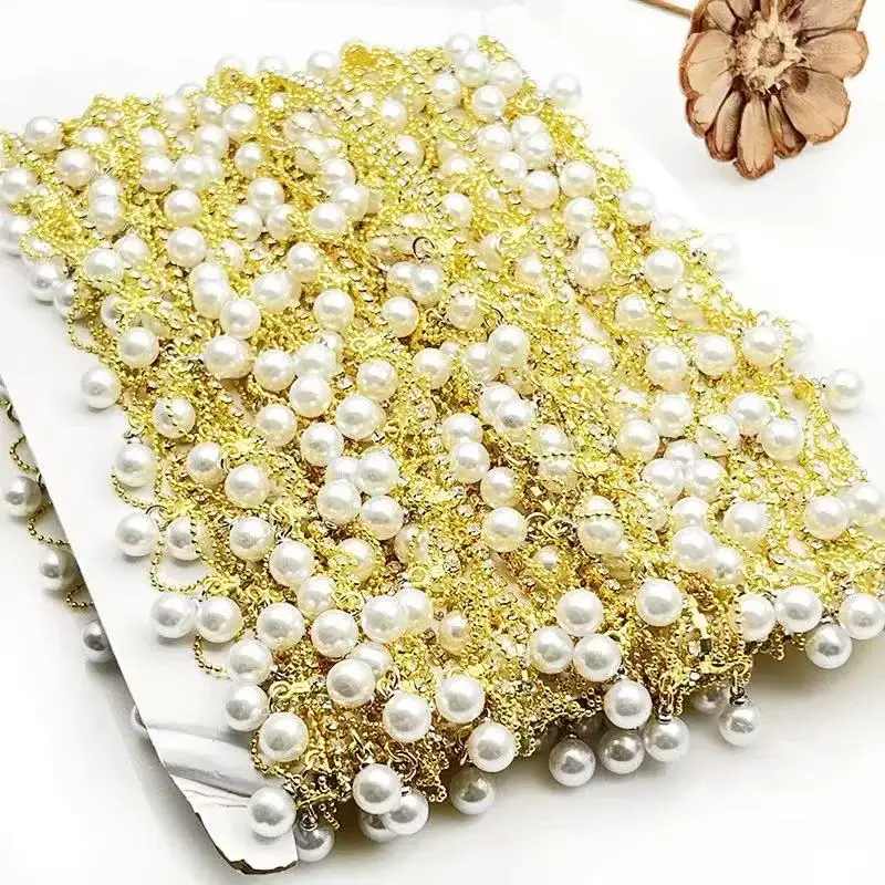 10Yards Pearl Drop Rhinestone Chain Trim Crystal Claw Chain Hanging Pearl Tassel Trim for DIY Sewing Dress Garment Decoration