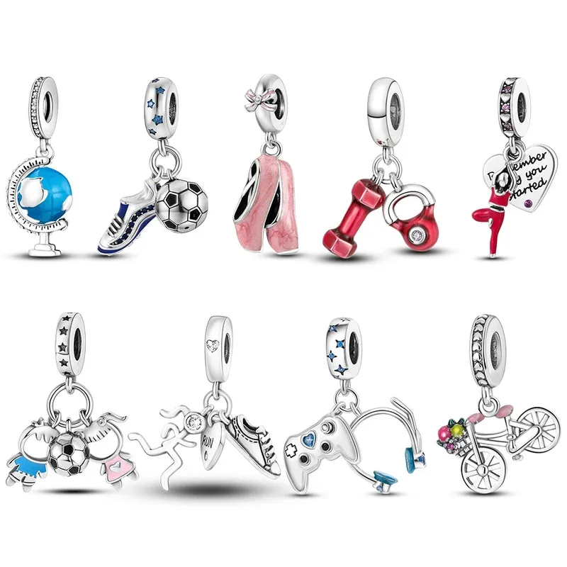 

925 Silver Plated Football Soccer Dumbbell Yoga Dangle Charm Fit racelet Necklace Beads Women Jewelry Making Supplies