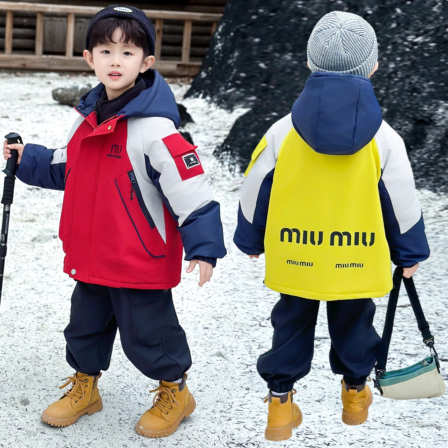 

Thiened Fce Winter Jaet And Pants Set for Boys Outdoor Cold Proof Youth Faion Polyester Fiber Fill Powerfully Warm