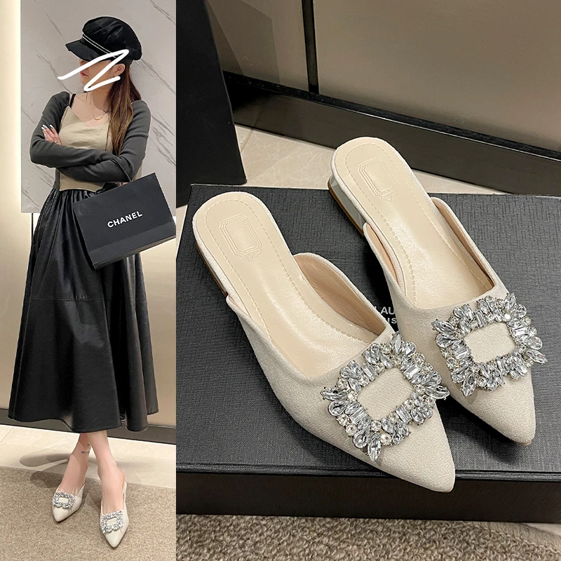 

Summer Pointed Toe Women Mules Slippers Fashion Shallow Crystal Decoration Slides Shoes Ladies Casual Outdoor Low Heel Sandals